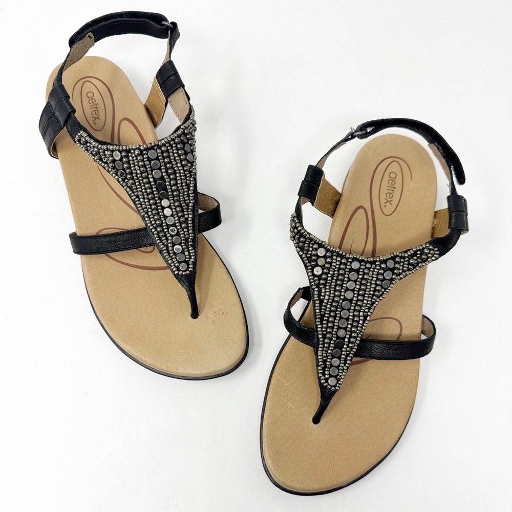 Aetrex Sheila Leather Beaded Sandals Black Silver Size 39 8.5 - Picture 9 of 10